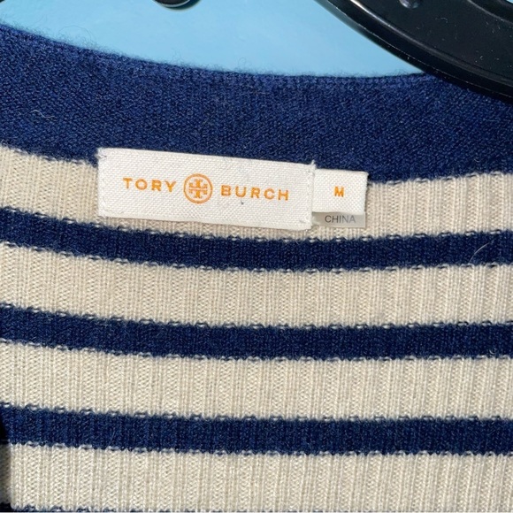 Tory Burch Striped Split Neck Cashmere Lizzie Tunic Sweater Size Medium - Picture 3 of 9